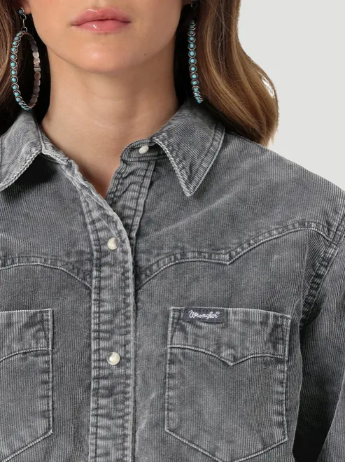 112336505 - Wrangler Women’s Corduroy Fade Western Snap Shirt - Grey