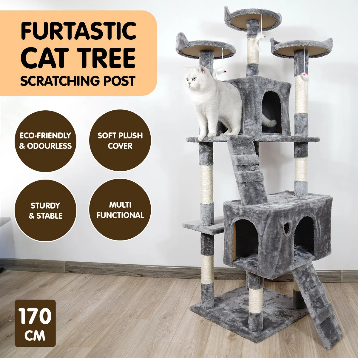 170cm Cat Tree with Scratching Posts, Shelves, Cubby Houses - Furtastic