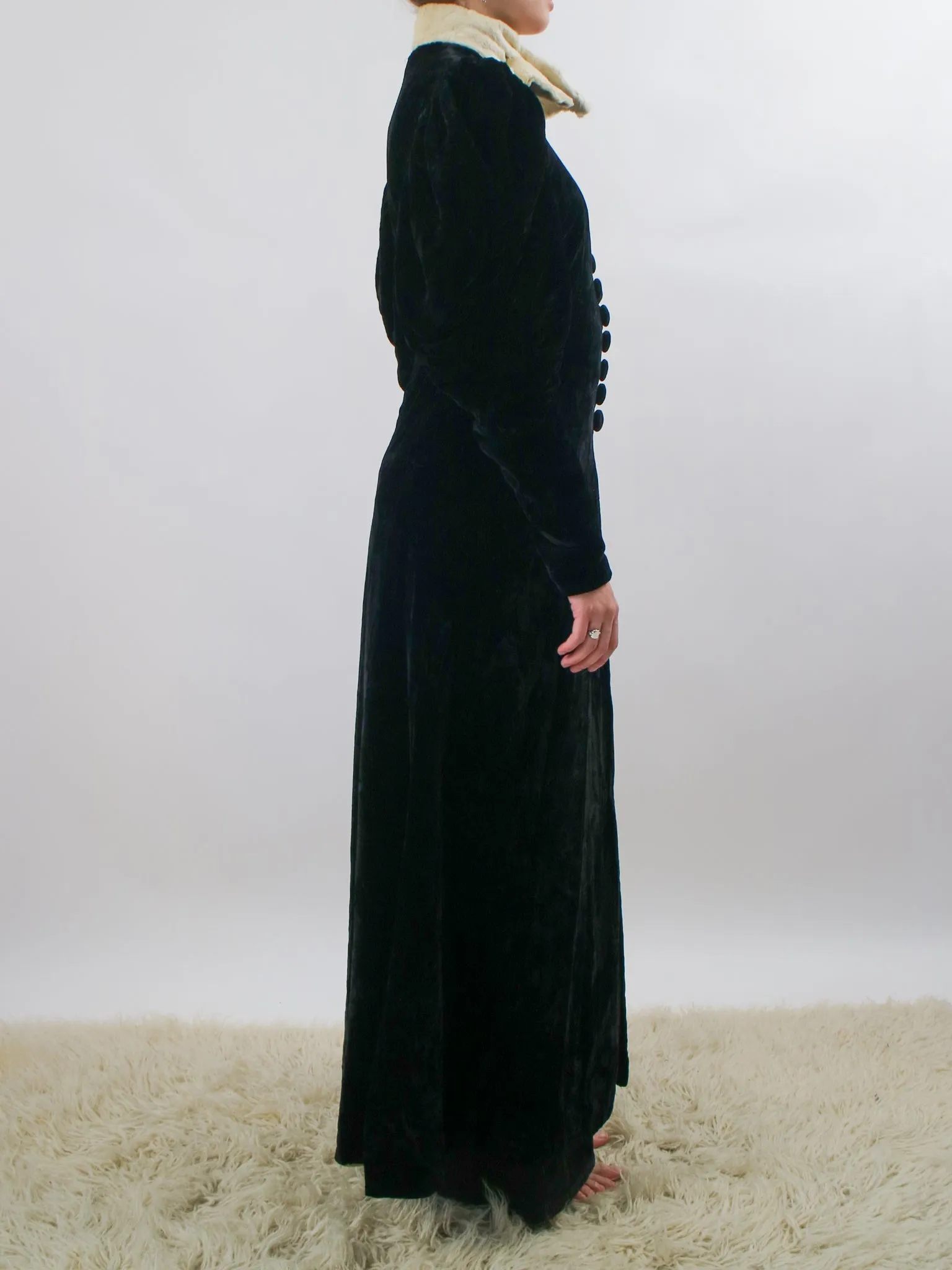 1930s Black Silk Velvet Mutton Sleeve Opera Coat