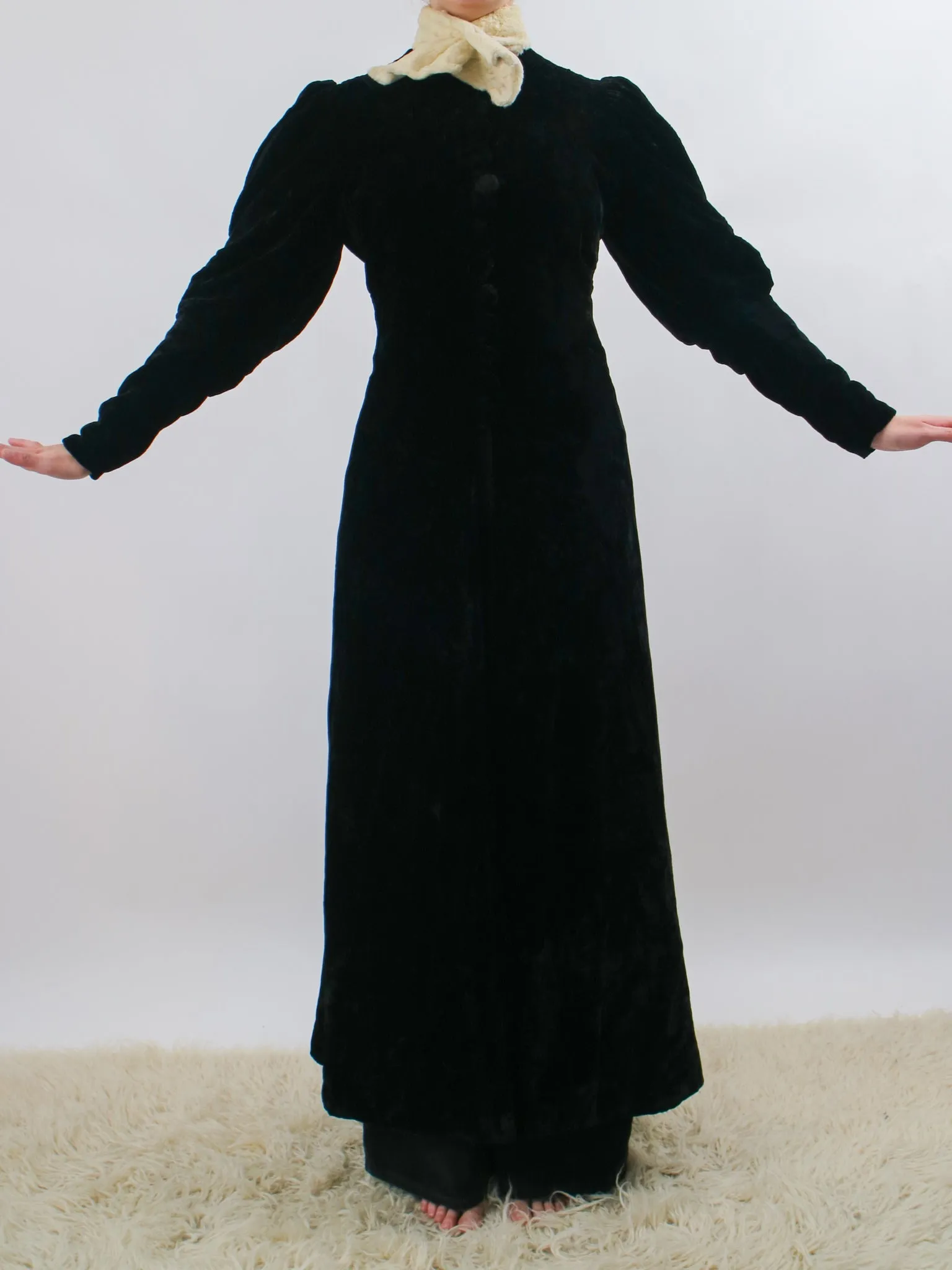 1930s Black Silk Velvet Mutton Sleeve Opera Coat