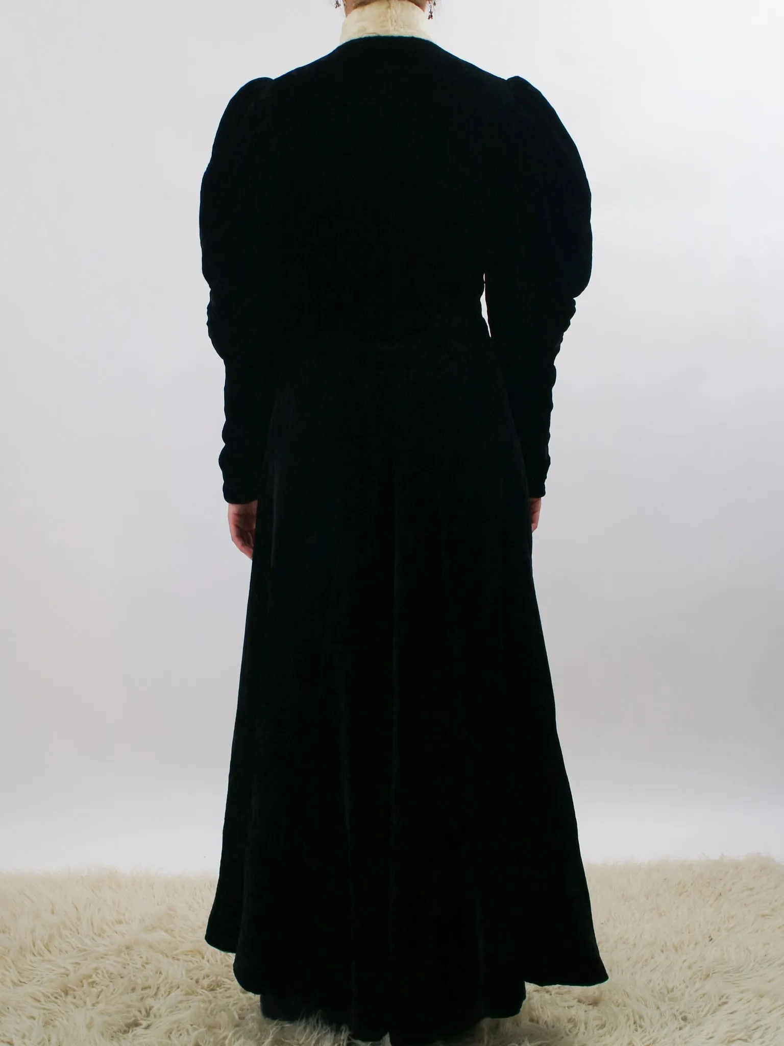 1930s Black Silk Velvet Mutton Sleeve Opera Coat