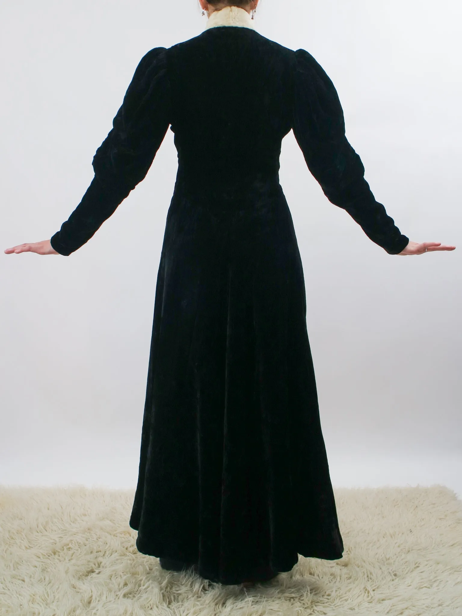 1930s Black Silk Velvet Mutton Sleeve Opera Coat