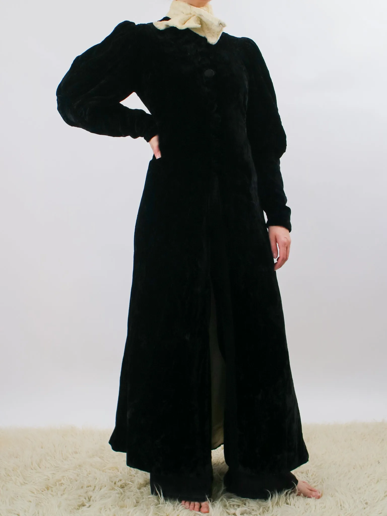 1930s Black Silk Velvet Mutton Sleeve Opera Coat