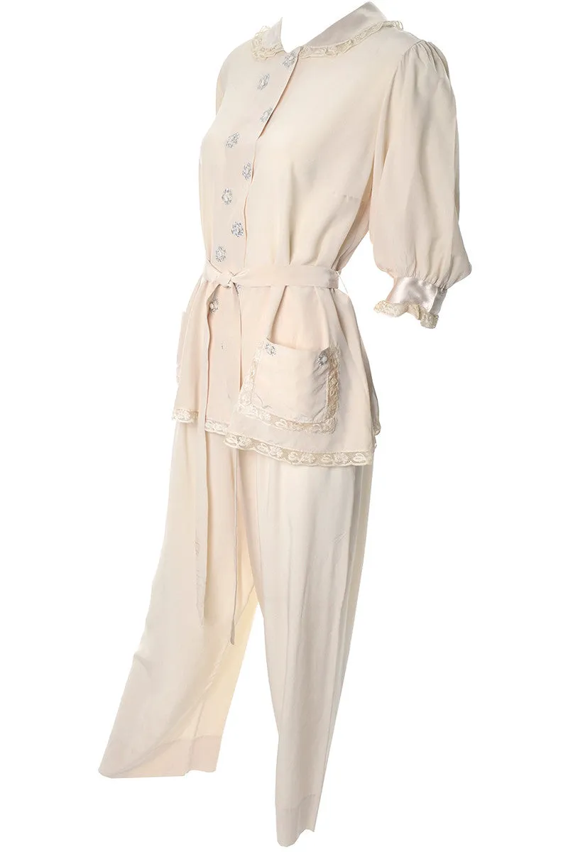 1940s France Saks Fifth Avenue Soie Ivory Silk Pajamas Lace Embroidery