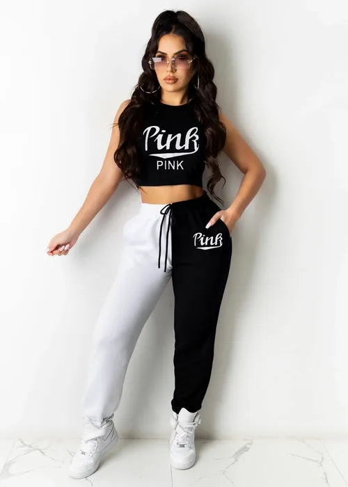 2 pcs Tracksuits Women Set Patchwork O-neck Short Tops Long Pants