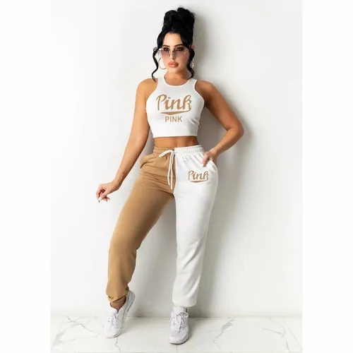 2 pcs Tracksuits Women Set Patchwork O-neck Short Tops Long Pants