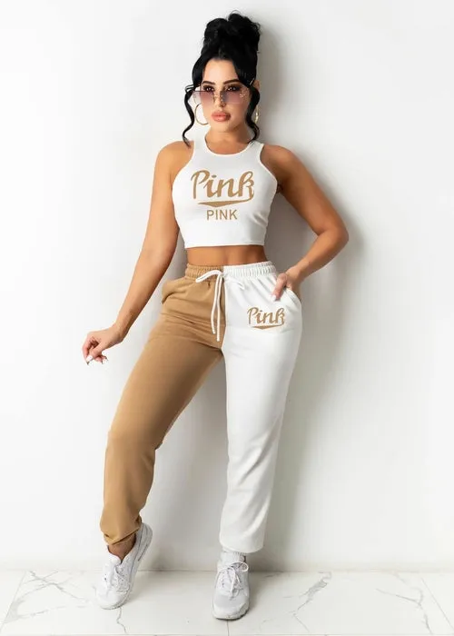 2 pcs Tracksuits Women Set Patchwork O-neck Short Tops Long Pants