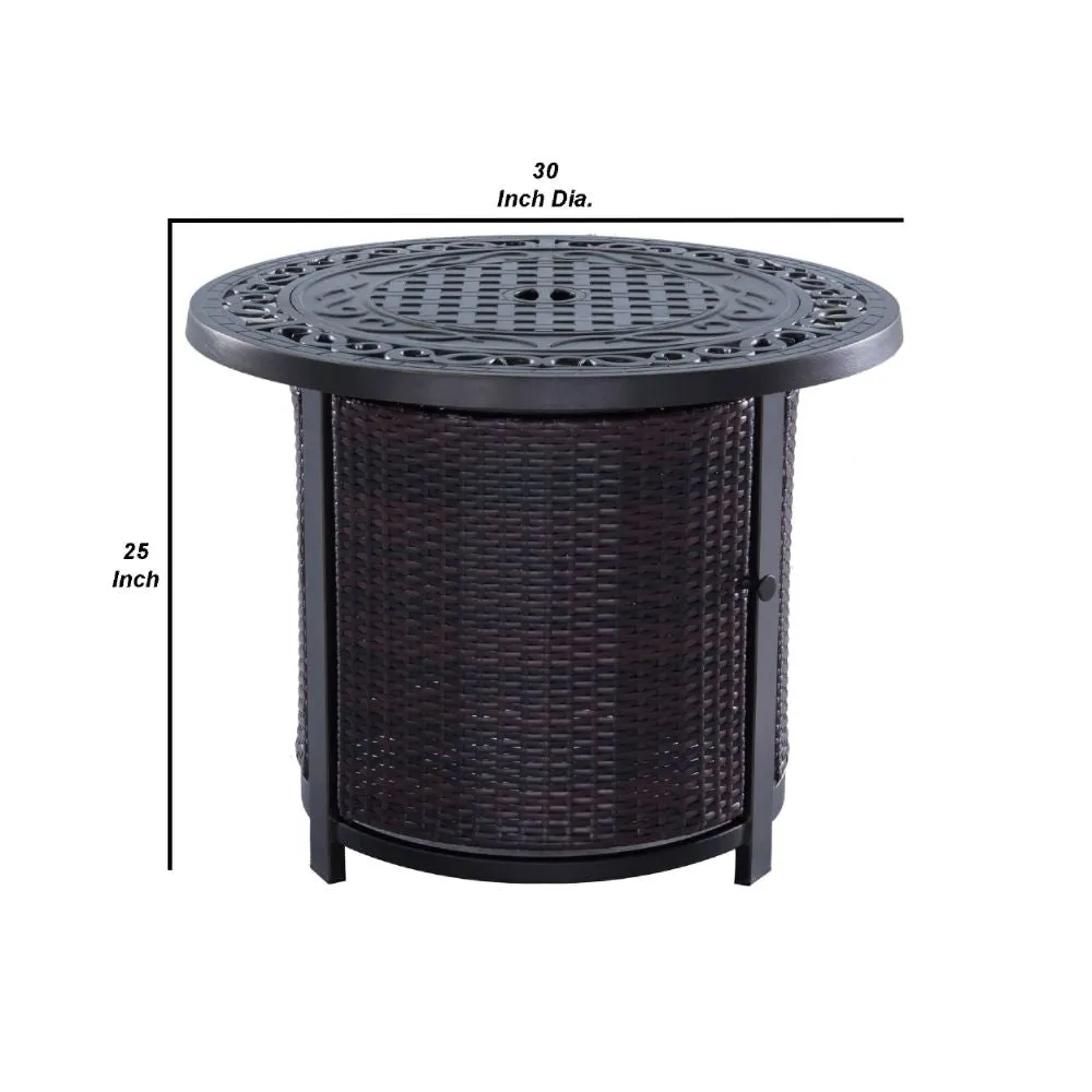 30 Inch Round Aluminum Outdoor Gas Firepit Table, Wicker Base, Dark Bronze By Casagear Home