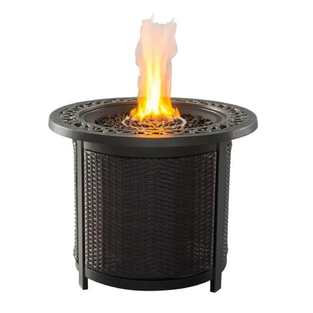 30 Inch Round Aluminum Outdoor Gas Firepit Table, Wicker Base, Dark Bronze By Casagear Home