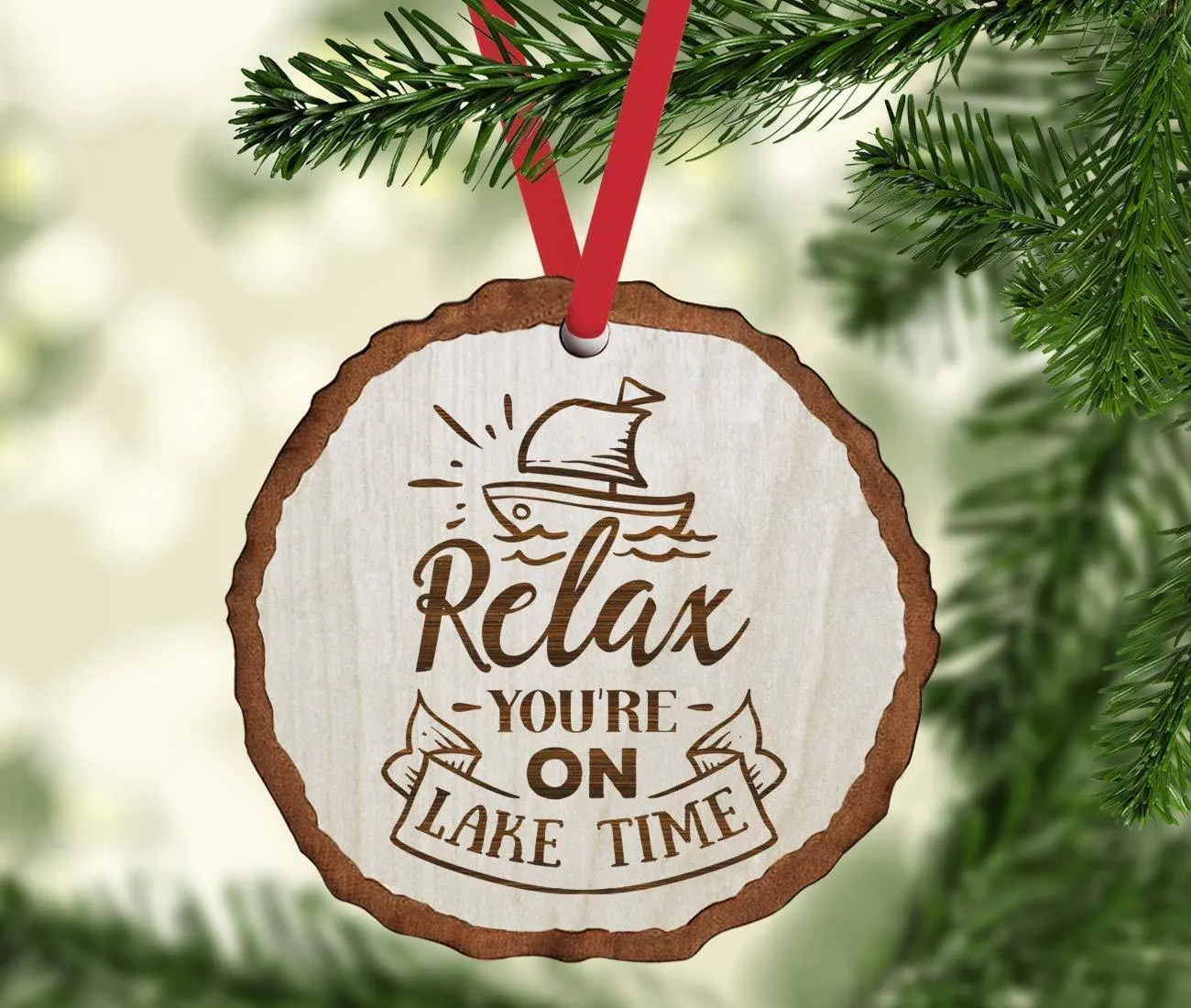 Andaz Press Real Wood Rustic Christmas Ornament, Engraved Wood Slab, Relax You're on Lake Time