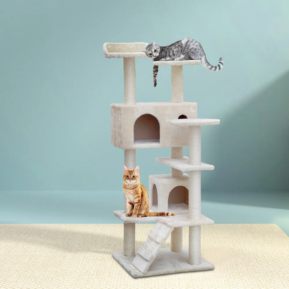 Beige Cat Tree Scratching Post Sisal Pole Bed Cube Perch Climb Kitten Tower