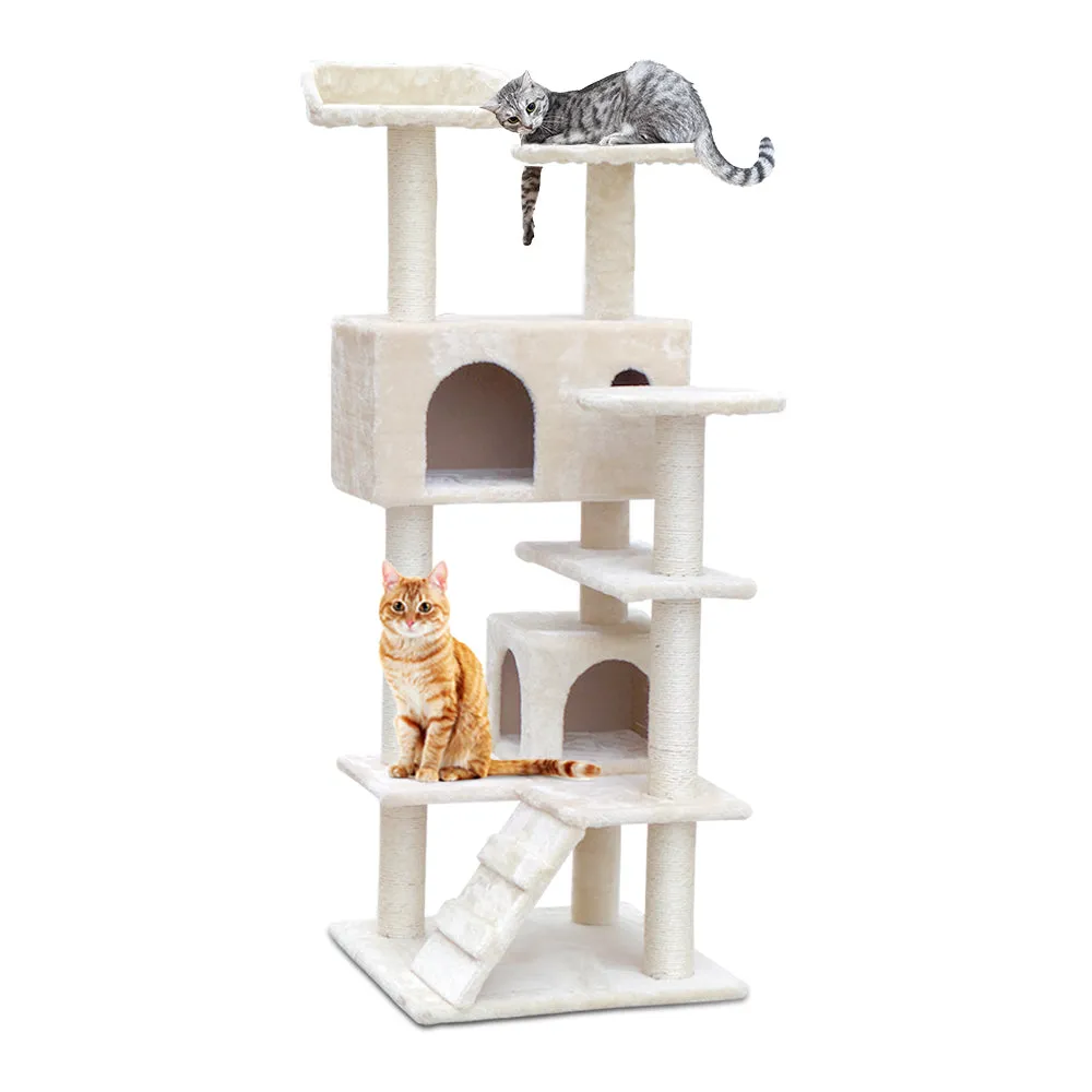 Beige Cat Tree Scratching Post Sisal Pole Bed Cube Perch Climb Kitten Tower