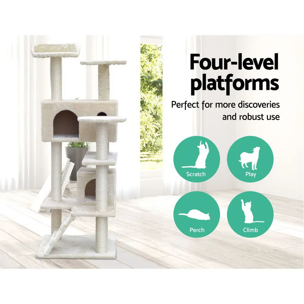 Beige Cat Tree Scratching Post Sisal Pole Bed Cube Perch Climb Kitten Tower