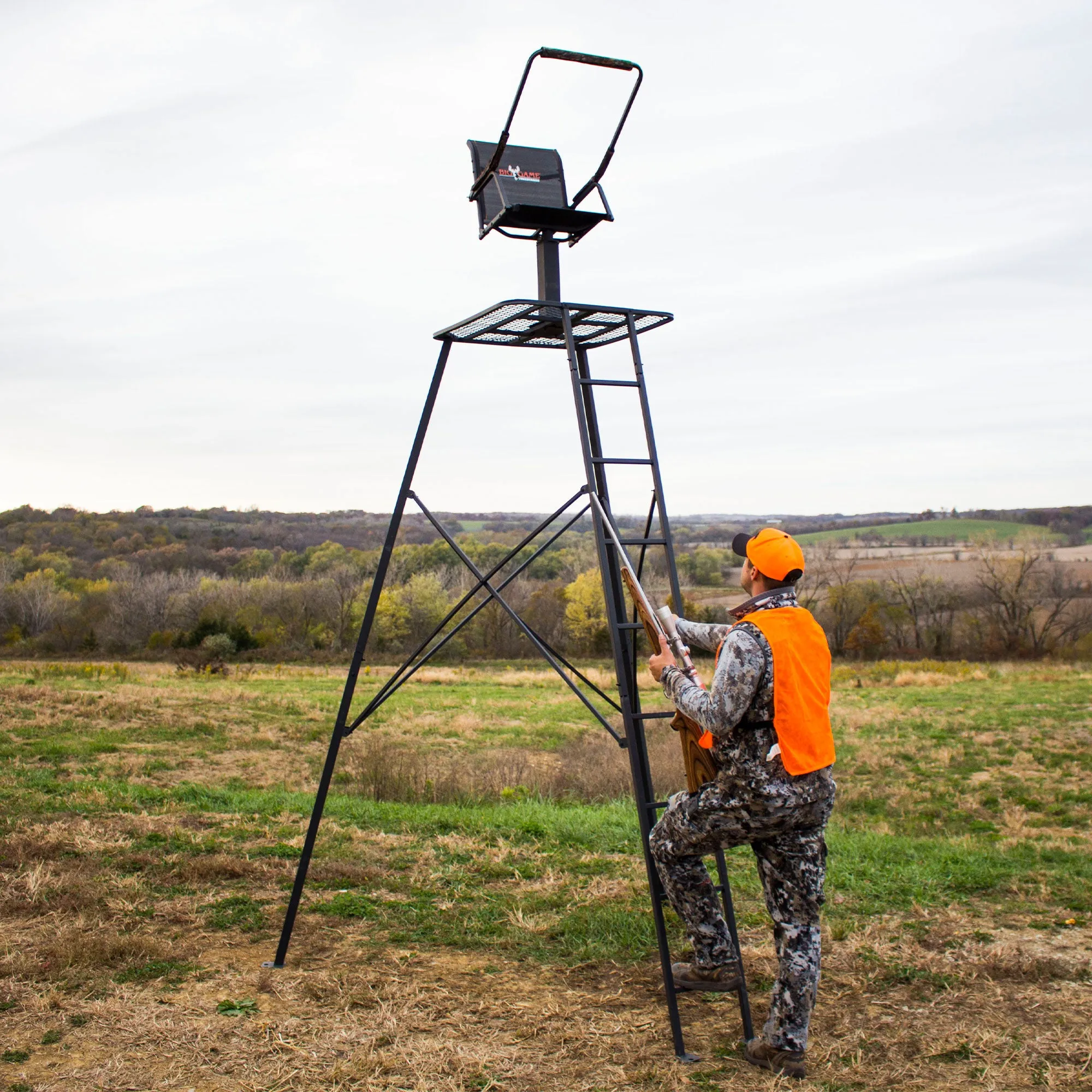 Big Game The Defender 12.5 Ft Tripod Stand, Deer Hunting Ladder w/ Rotating Seat