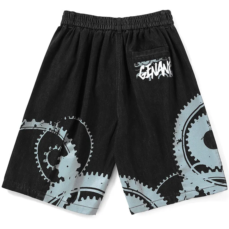 Black Gear Print Knee Length Denim Shorts