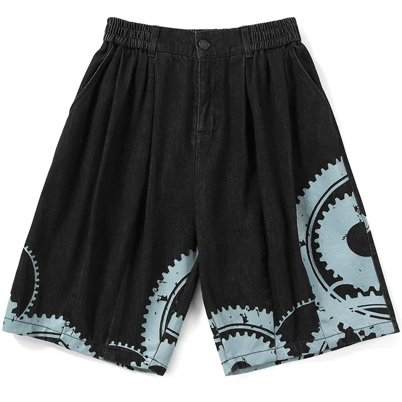 Black Gear Print Knee Length Denim Shorts