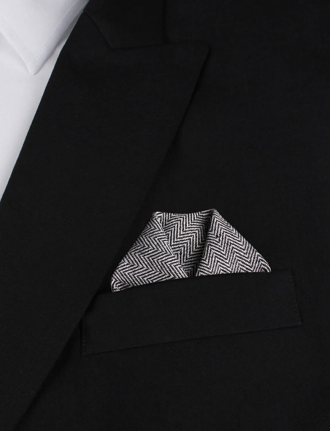 Black Herringbone Linen Pocket Square