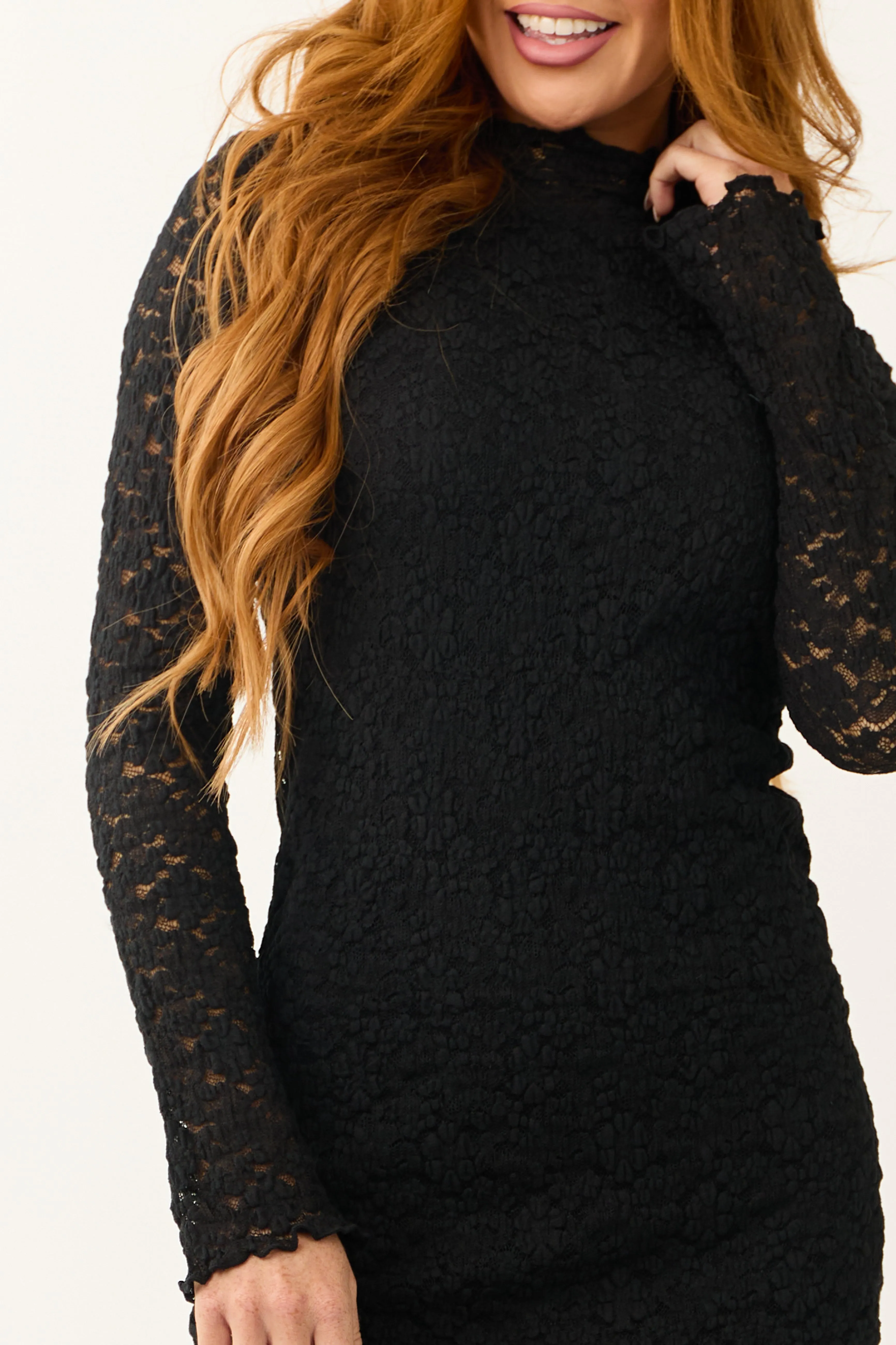 Black Lace Mock Neck Long Sleeve Mini Dress