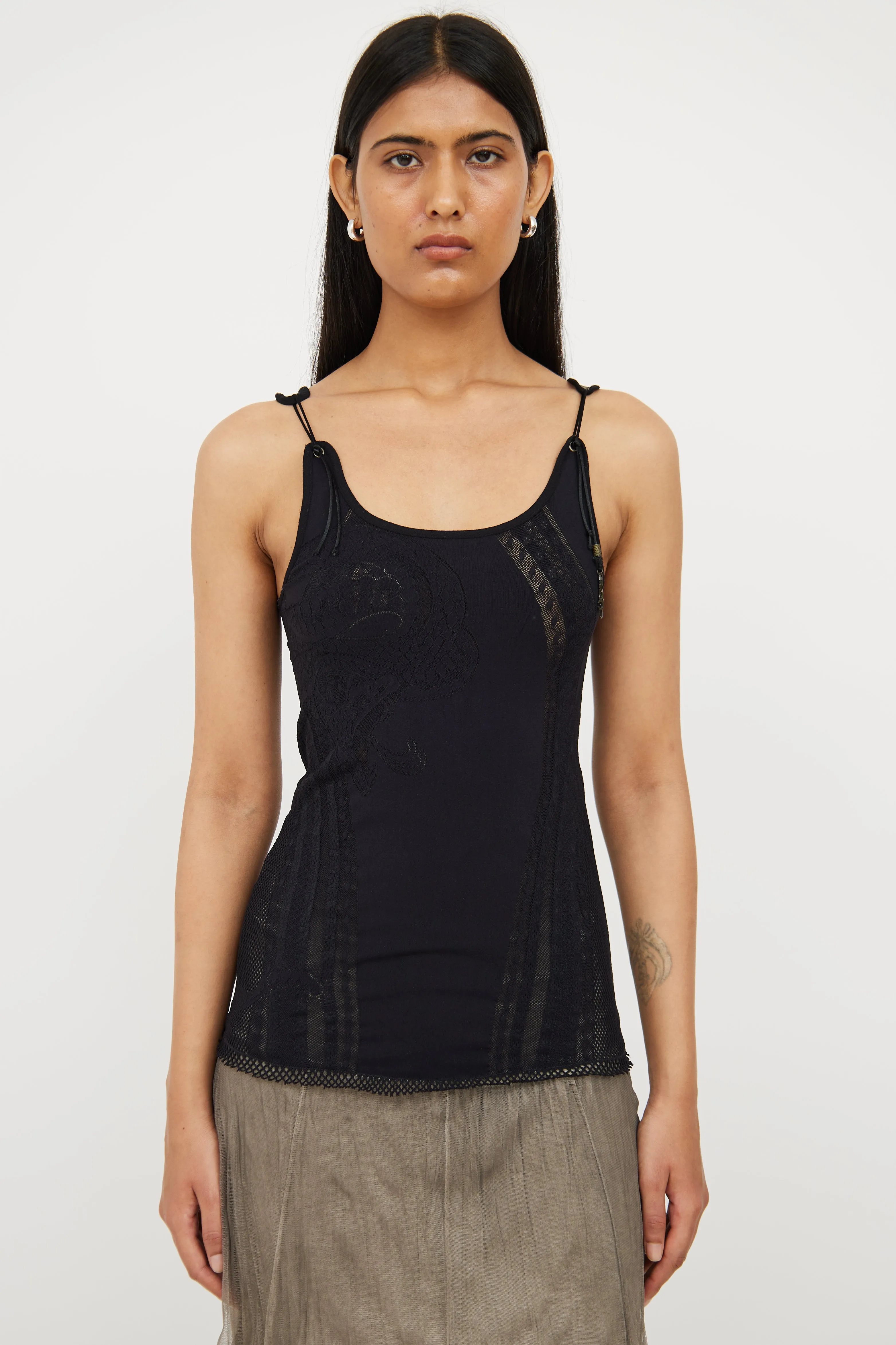 Black Mesh Detail Tank Top