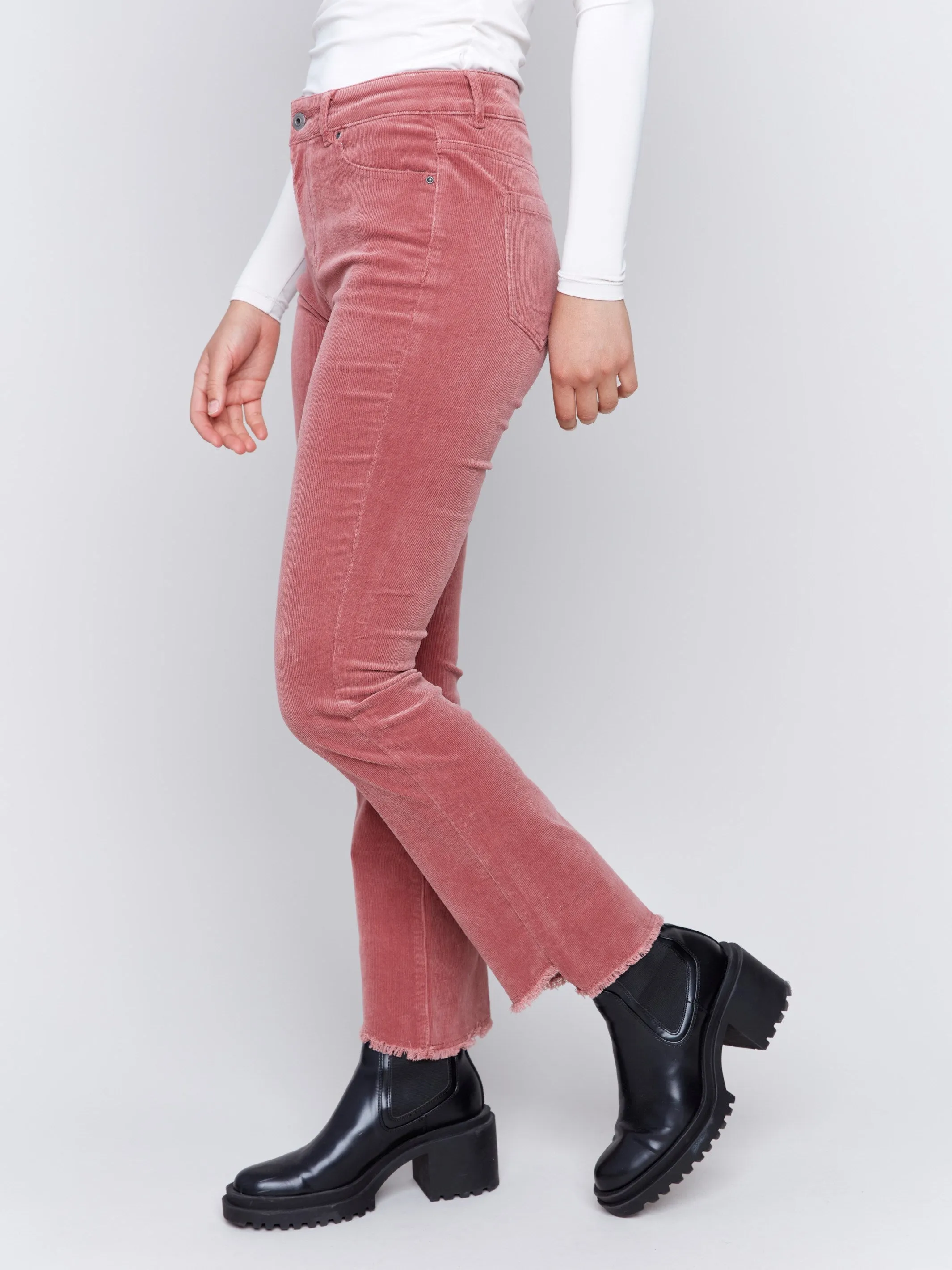 Bootcut Corduroy Pants with Asymmetrical Hem - Woodrose