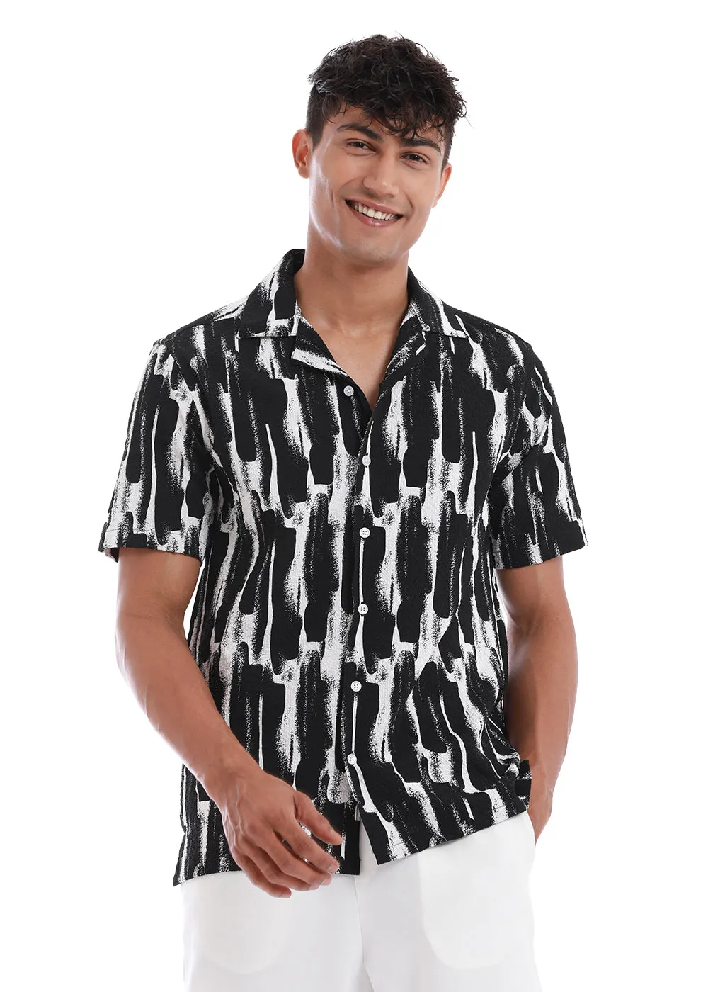 Brush Texture Black Print Popcorn Shirt