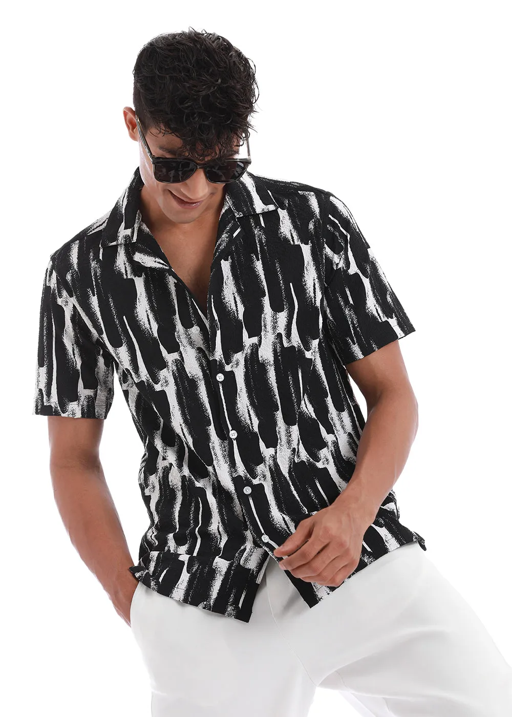 Brush Texture Black Print Popcorn Shirt