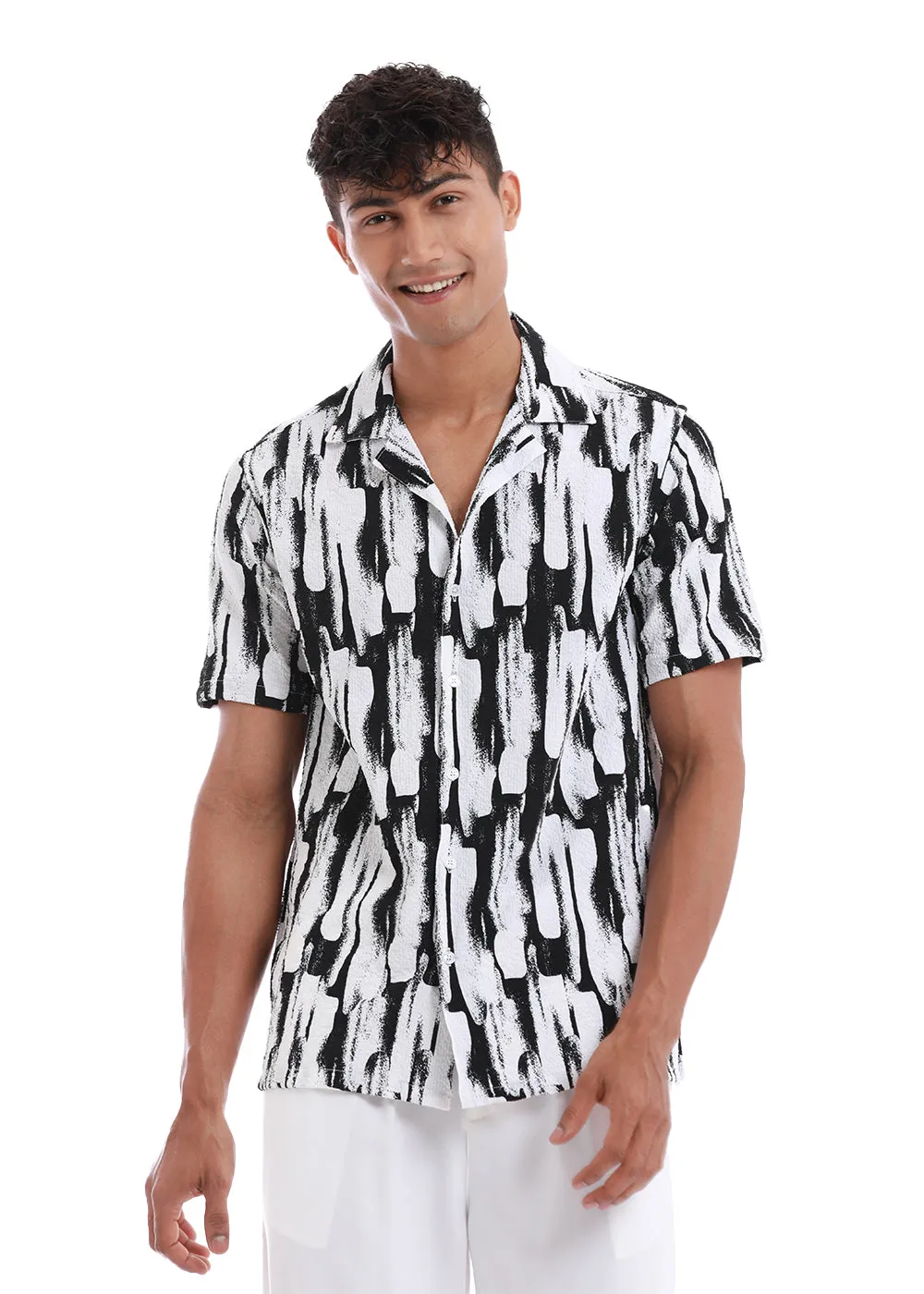 Brush Texture White Print Popcorn Shirt