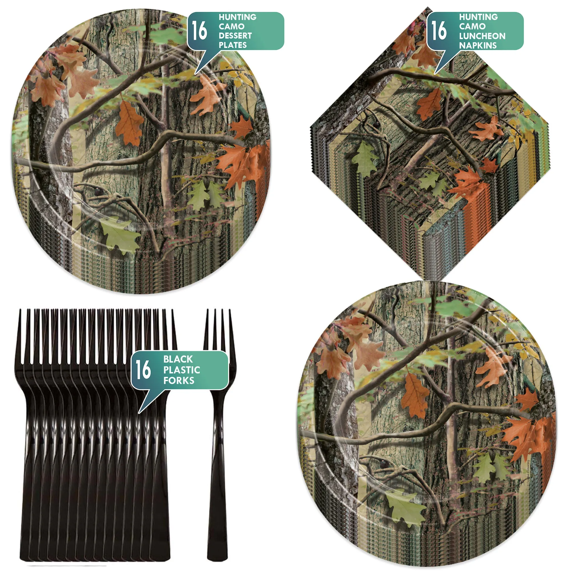 Camouflage Party Supplies - Hunting Camo Paper Dessert Plates, Lunch Napkins, and Forks (16 Plates, Napkins, and Forks)