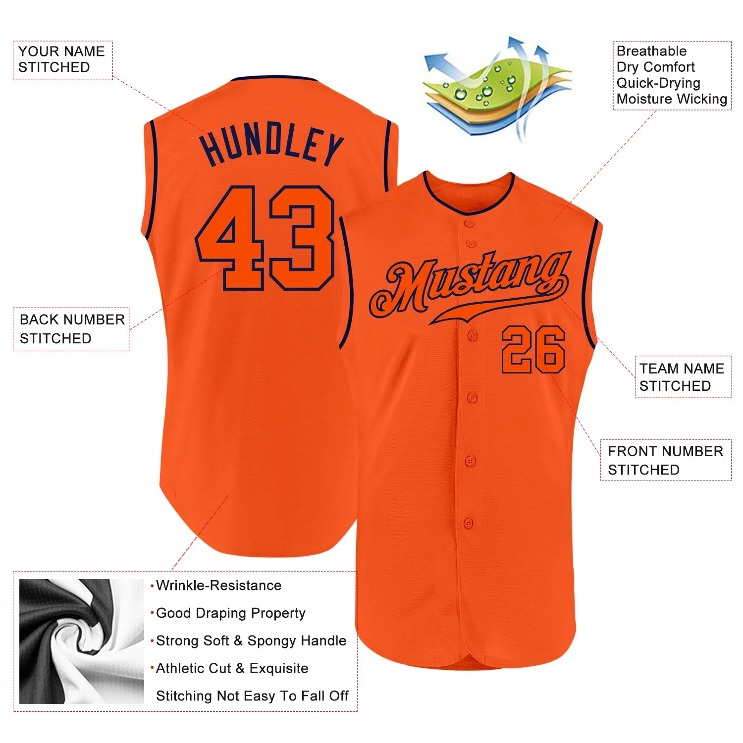 Custom Orange Orange-Navy Authentic Sleeveless Baseball Jersey