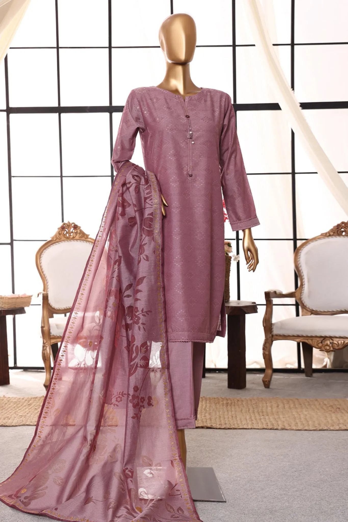 Damask By HZ Stitched 3 Piece Jacquard Lawn Collection'2024-DJL-403-Tea Pink