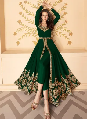 Dark Green Slit Style Zari Embroidered Anarkali Pants Suit