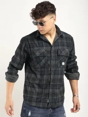 Fabric Corduroy Dark Grey Checkerd Full Sleeve Shirt