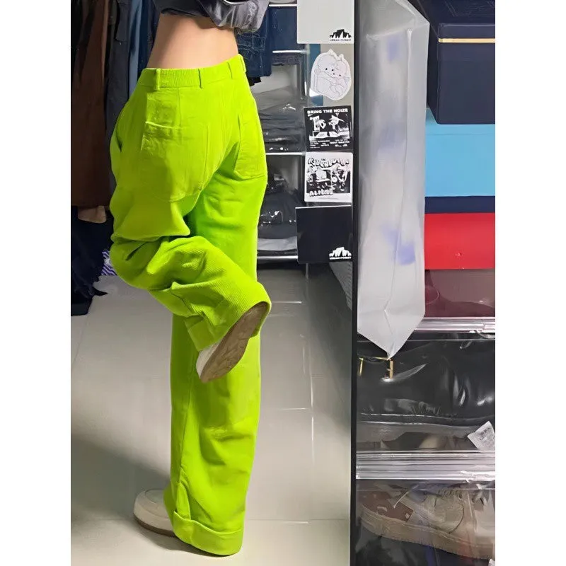 Fluorescent Green Corduroy High Waist Wide Leg Pants