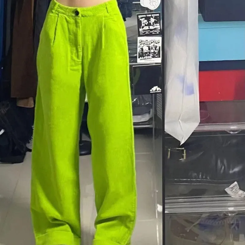 Fluorescent Green Corduroy High Waist Wide Leg Pants