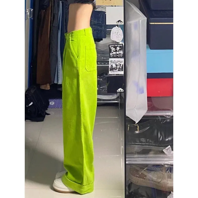 Fluorescent Green Corduroy High Waist Wide Leg Pants