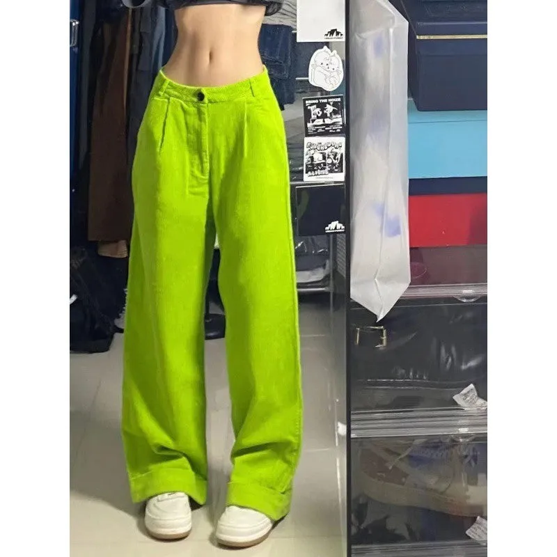 Fluorescent Green Corduroy High Waist Wide Leg Pants