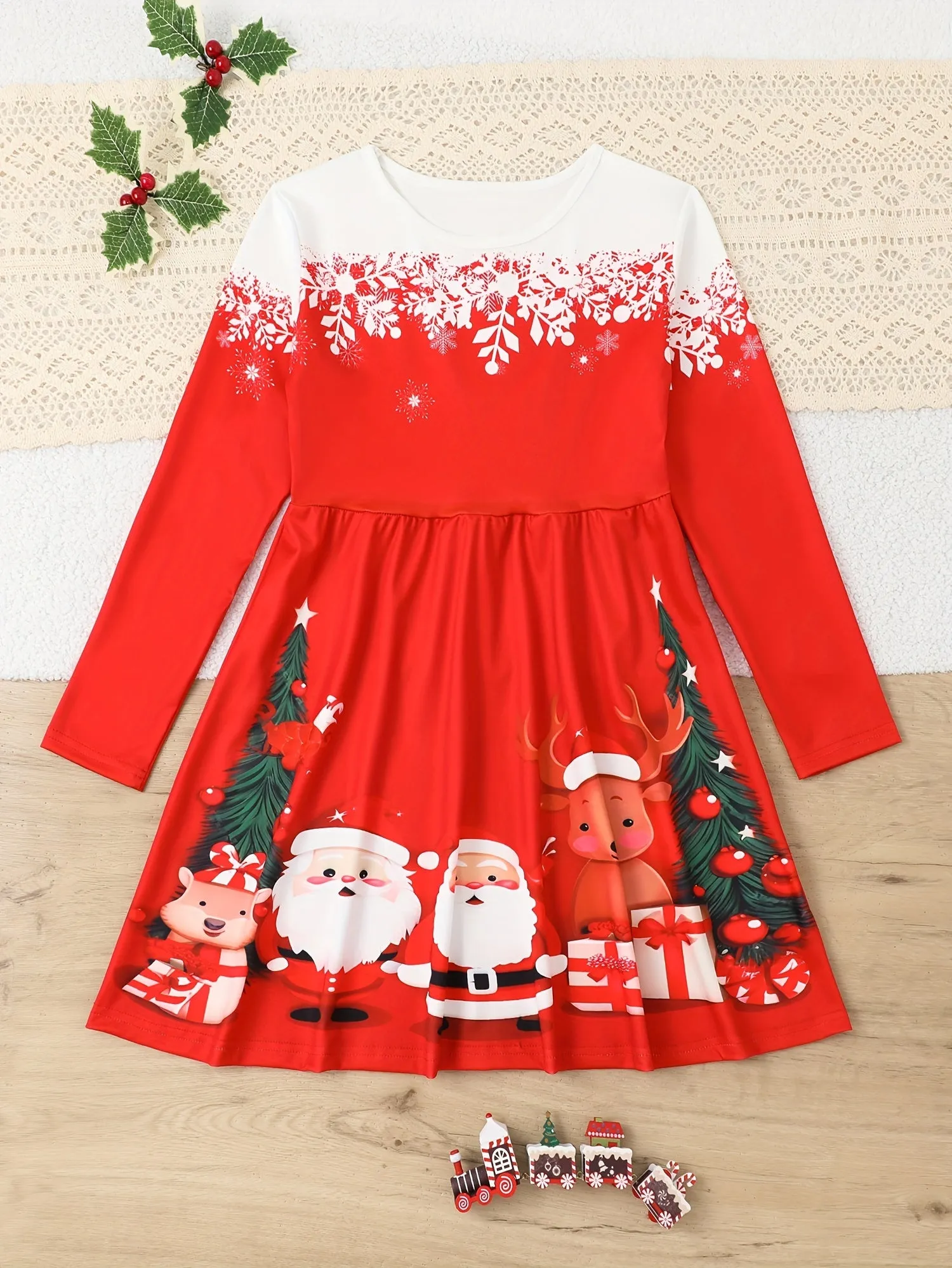 For Spring Fall Christmas Gift, Long Sleeve Girls Sweet Santa & Christmas Tree Graphic Dress