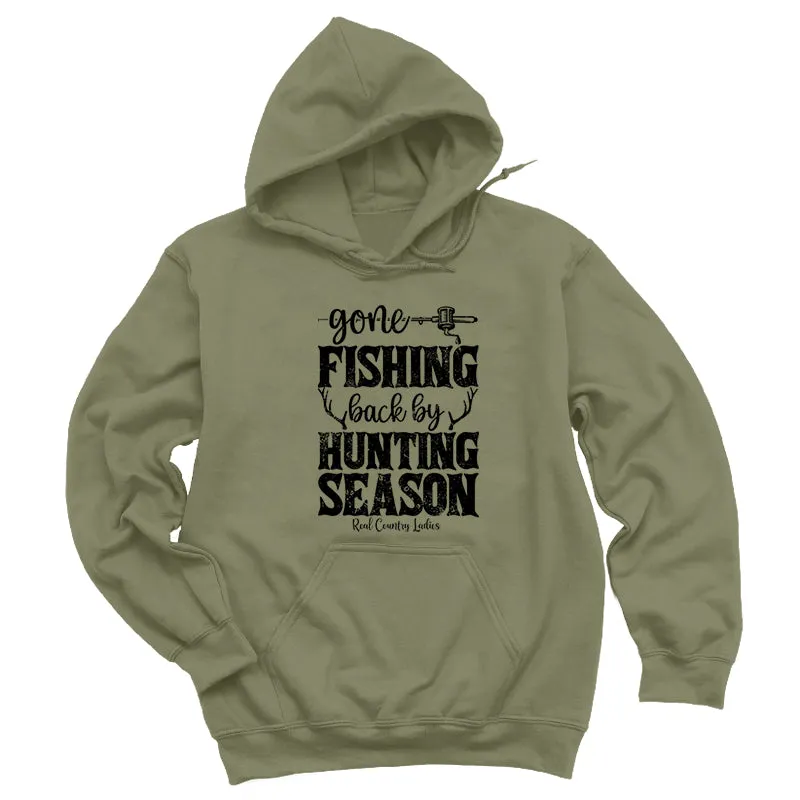 Gone Fishing Back By Hunting Season Black Print Hoodies & Long Sleeves