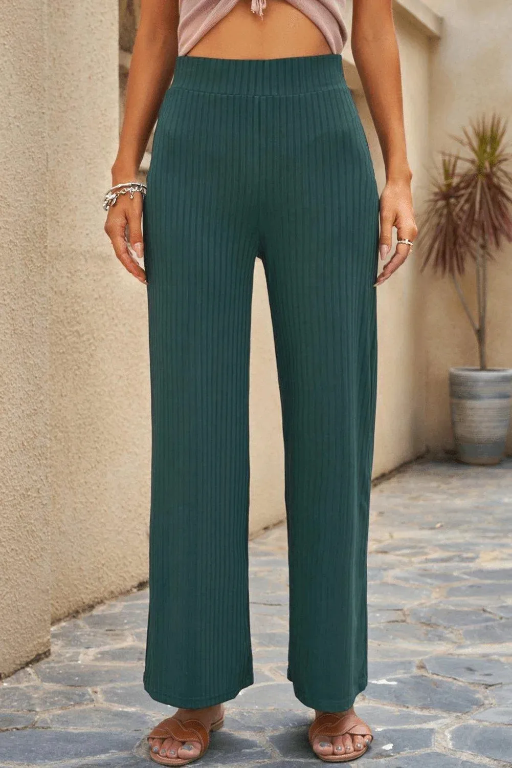 Green Ribbed Knit High Rise Wide Leg Pants