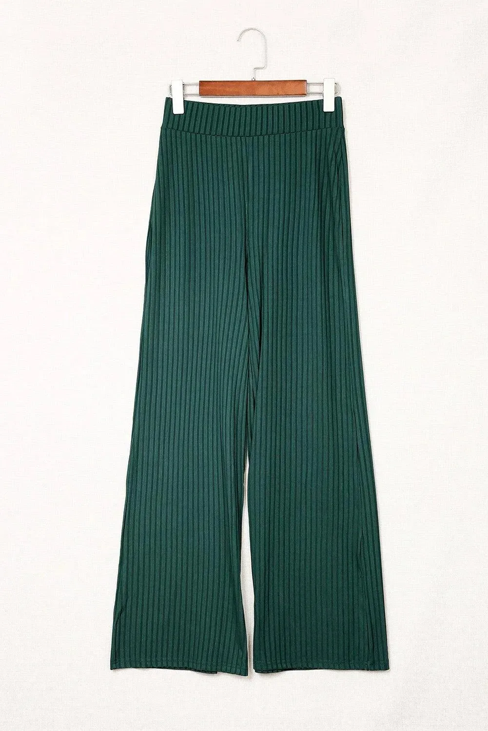 Green Ribbed Knit High Rise Wide Leg Pants