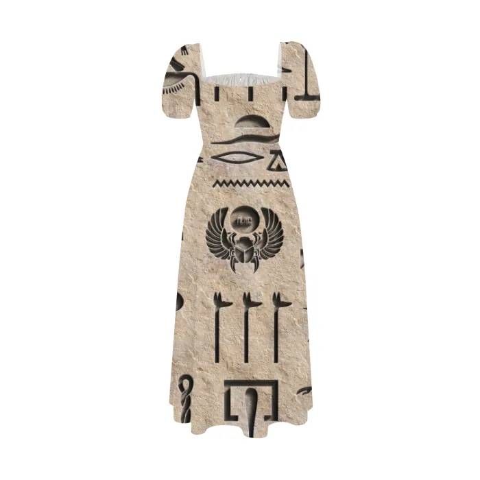 Hieroglyph Beige Square Neck Split Thigh Puff Sleeve Dress