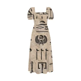 Hieroglyph Beige Square Neck Split Thigh Puff Sleeve Dress