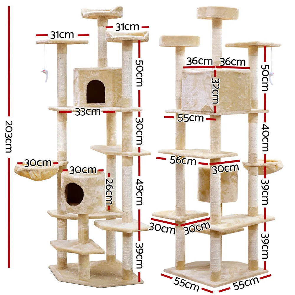 i.Pet Cat Tree 203cm Tower Scratching Post Scratcher Condo Trees House Bed Beige