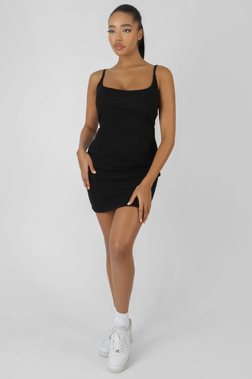 Kaiia Underbust Ribbed Mini Dress Black