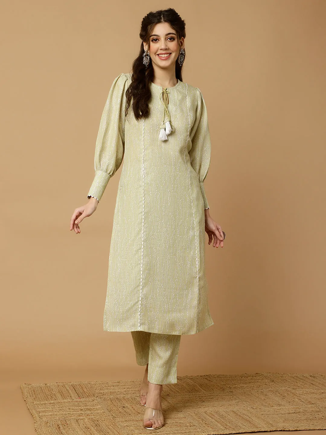 Lime Green Abstract Printed Straight Kurta With Pants