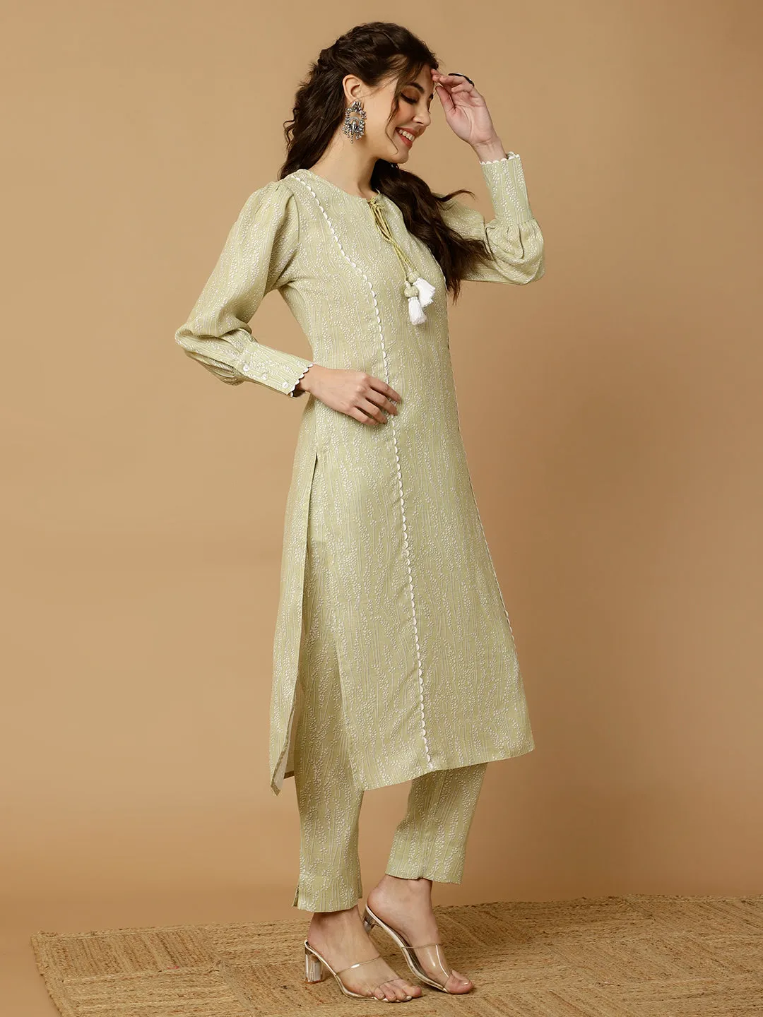 Lime Green Abstract Printed Straight Kurta With Pants