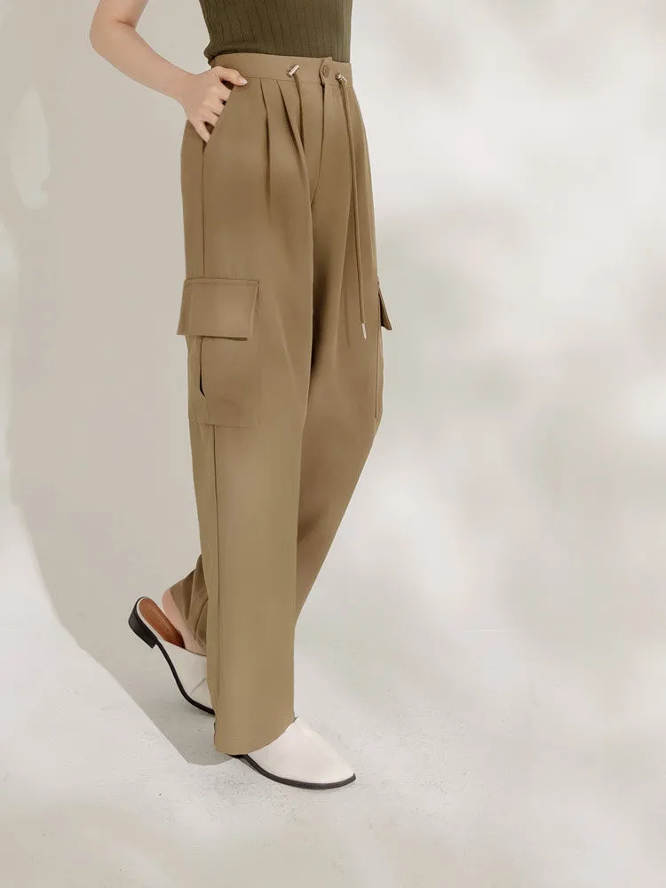 Long Pleated Drawstring Pocket Straight Cargo Pants Trousers