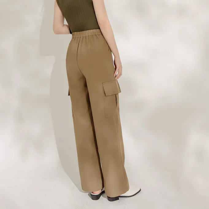 Long Pleated Drawstring Pocket Straight Cargo Pants Trousers