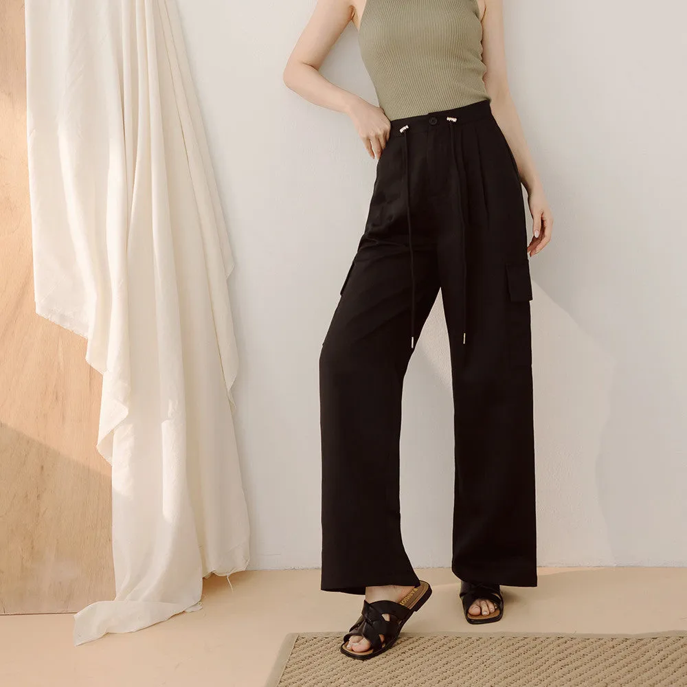 Long Pleated Drawstring Pocket Straight Cargo Pants Trousers