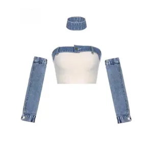 Madilynn Tube Top Denim Arm Sleeves , Choker Set